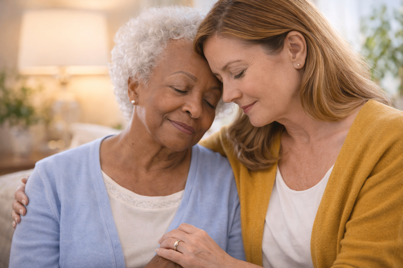 Family member comforting an older adult